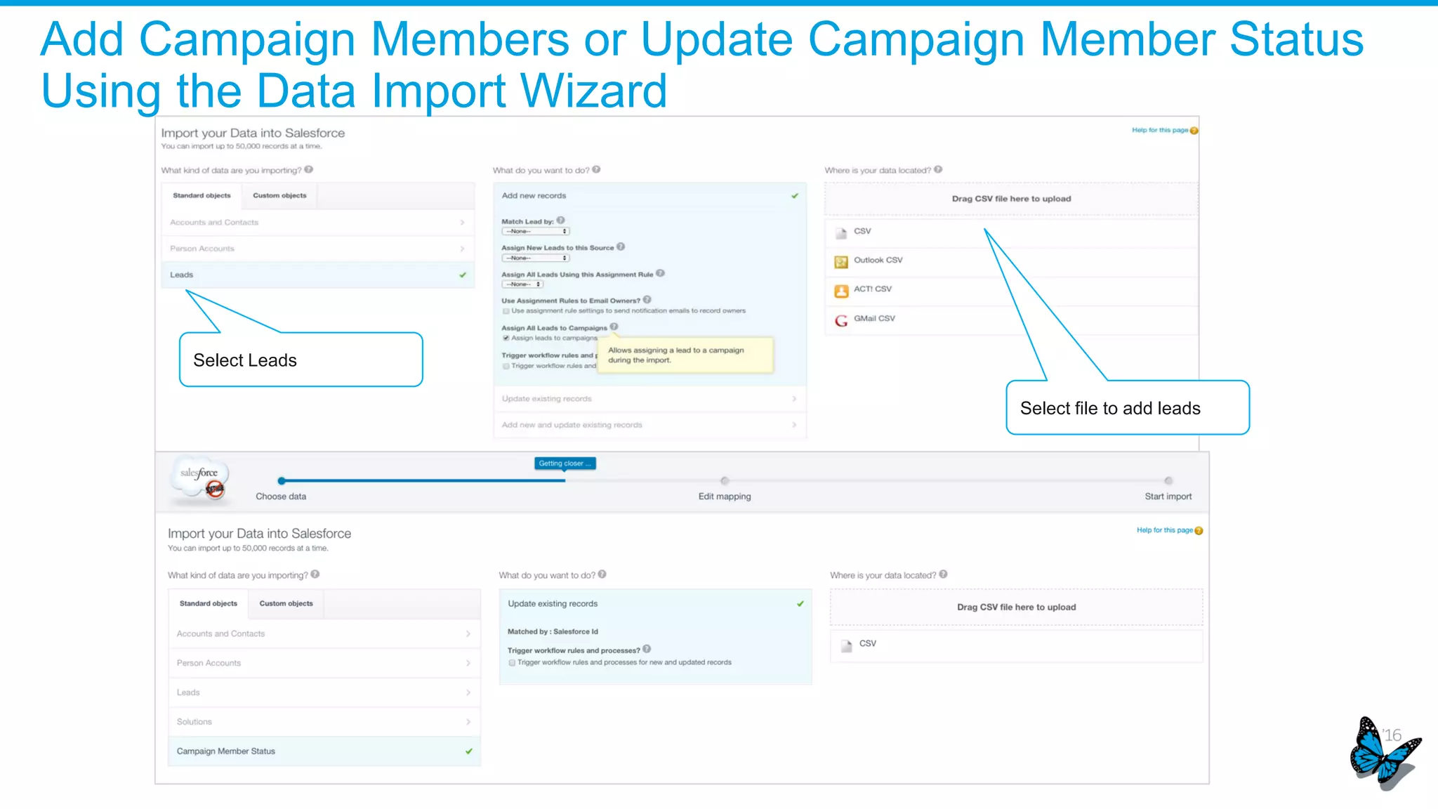 Add Campaign Members or Update Campaign Member Status
Using the Data Import Wizard
Select file to add leads
Select Leads
 