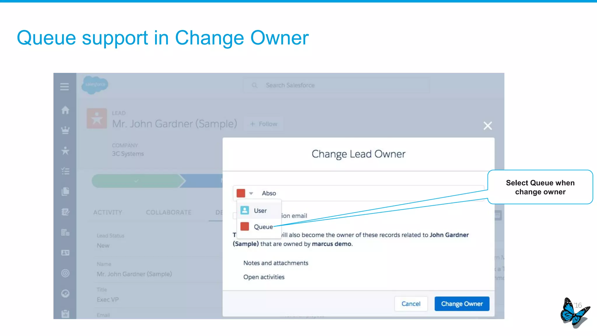 Queue support in Change Owner
Select Queue when
change owner
 