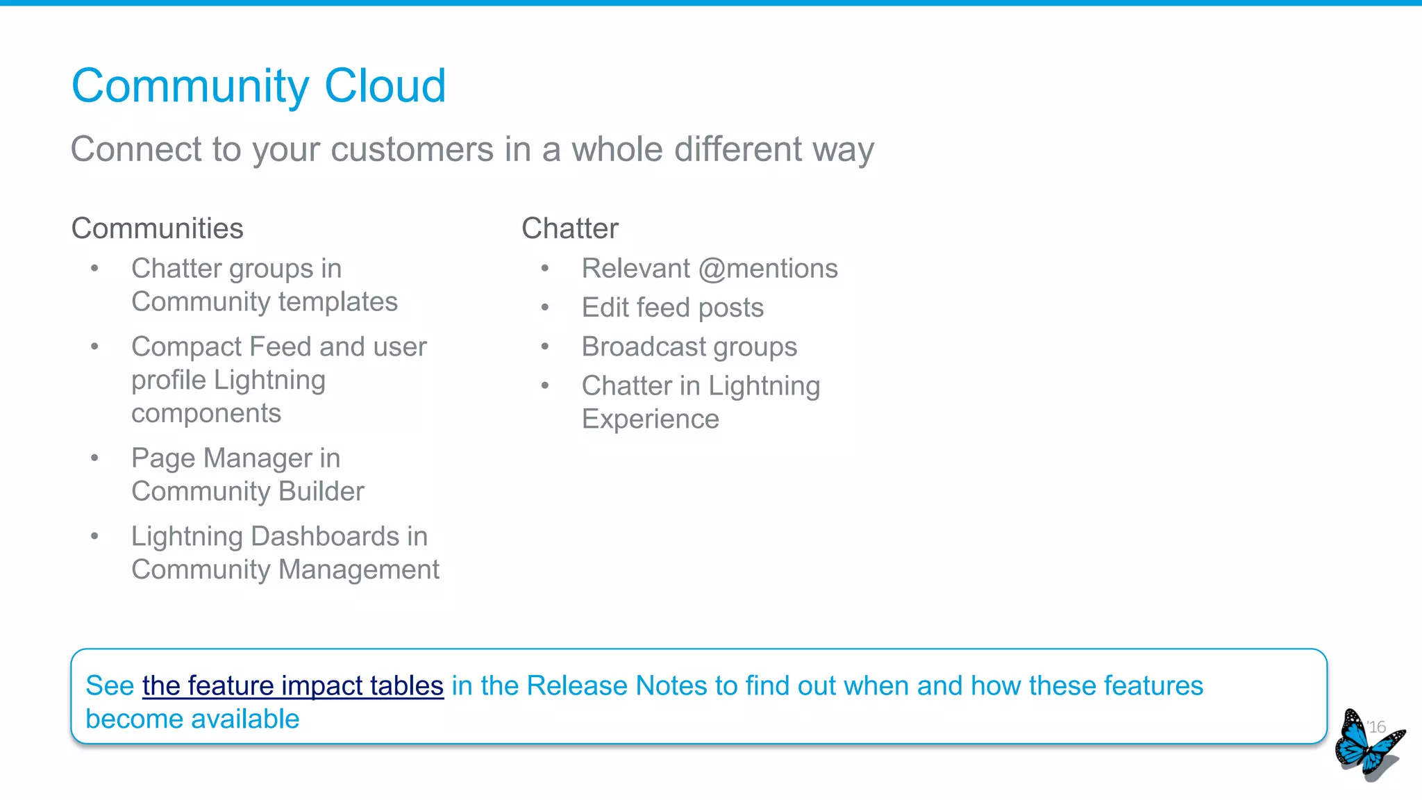 Compact Feed Lightning component
New Lightning Feed Builder Component
The compact feed is a drag and drop component that allows you to see
questions, likes, best answer and # of comments. The user can quickly
scan to find an answer.
Choose from a discussion,
“My Feed”, or Entity feed type.
Enter the record id to show
the discussion from a topic or
record!
Check the box to
hide or show likes
and comments
 
