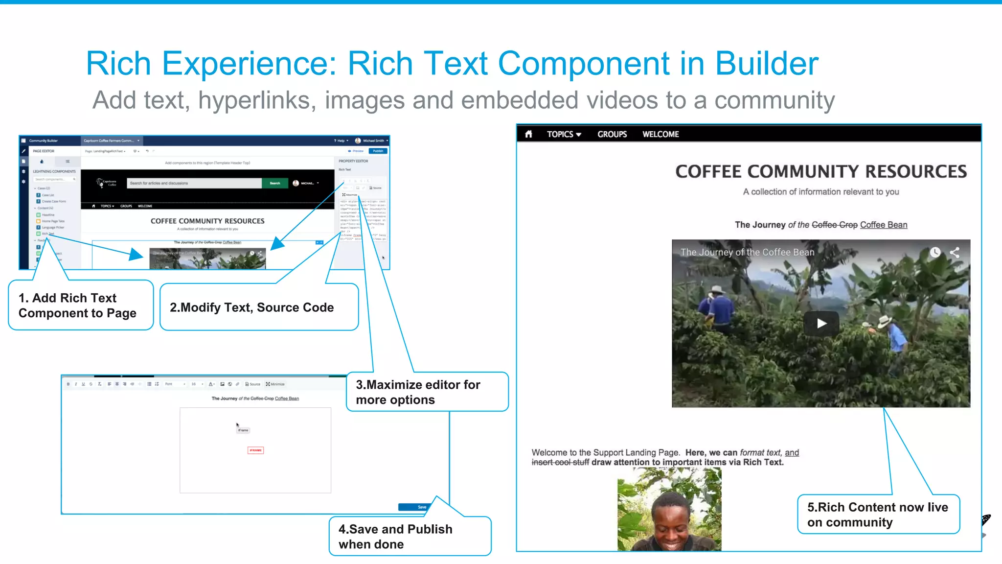 Topic Recommendations in the Napili template
Rich Experience > Recommendations - Topics
The topic recommendations component will appear if there
are no custom recommendations to display and if there is
enough activity (e.g., likes, posts) in those topics.
The user can either click through to the topic page or click
on the Follow button to start following the topic.
 