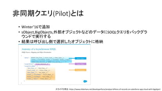 非同期クエリ(Pilot)とは
• Winter’16で追加
• sObject,BigObjects,外部オブジェクトなどのデータにSOQLクエリをバックグラ
ウンドで実行する
• 結果は呼び出し側で選択したオブジェクトに格納
スライド引用元：https://www.slideshare.net/developerforce/analyze-billions-of-records-on-salesforce-app-cloud-with-bigobject
 