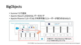 BigObjects
• Summer’15で追加
• Apache HbaseによるNOSQL データストア
• Apache Phoenix によってSQLで利用可能に(ユーザーが使うのはSOQL?)
外部のデータなどをNOSQLで取り込み、
SF上で利用できるようにする
スライド引用元：https://www.slideshare.net/developerforce/analyze-billions-of-records-on-salesforce-app-cloud-with-bigobject
 