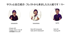 サクッと自己紹介：フレクトから来ました３人組です！ﾔｰ
KANAMORI NAKAYAMA SAITO
・Chatter API
・Chatter ストリーミング
・非同期オブジェクト
・Rest API Composite
・SOSL WITH HIGHLIGHT
・Bulk API
・Tooling API
 