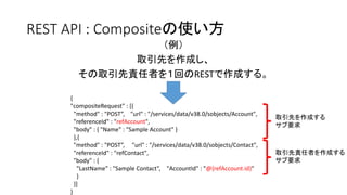REST API : Compositeの使い方
（例）
取引先を作成し、
その取引先責任者を１回のRESTで作成する。
{
"compositeRequest" : [{
"method" : "POST”, "url" : "/services/data/v38.0/sobjects/Account",
"referenceId" : "refAccount",
"body" : { "Name" : "Sample Account" }
},{
"method" : "POST”, "url" : "/services/data/v38.0/sobjects/Contact",
"referenceId" : "refContact",
"body" : {
"LastName" : "Sample Contact”, "AccountId" : "@{refAccount.id}"
}
}]
}
取引先を作成する
サブ要求
取引先責任者を作成する
サブ要求
 