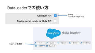 DataLoaderでの使い方
Setting
「Use Bulk API」＝True
Export All を選択
 