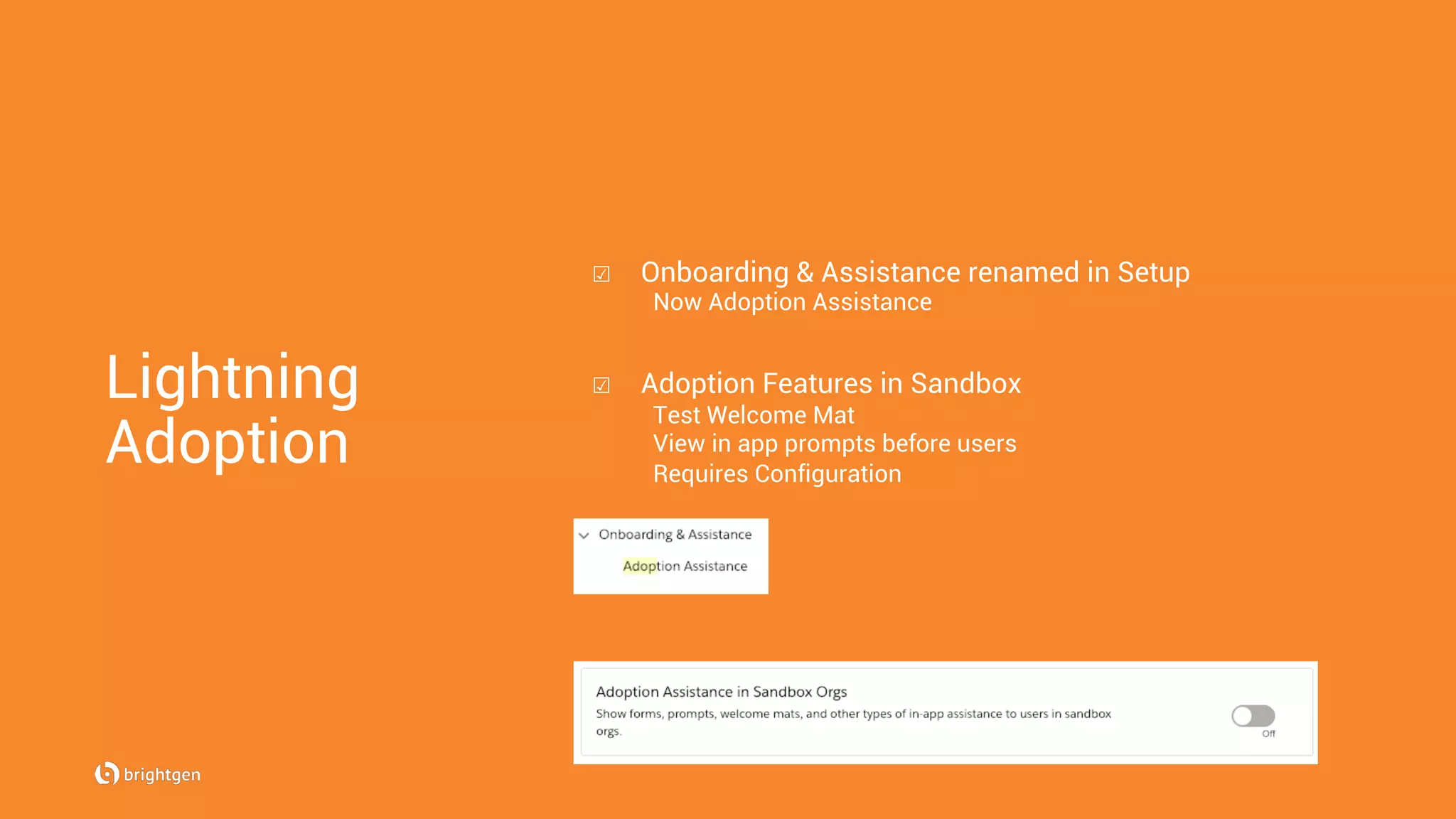 Lightning
Adoption
☑  Onboarding & Assistance renamed in Setup
Now Adoption Assistance
☑  Adoption Features in Sandbox
Test Welcome Mat
View in app prompts before users
Requires Configuration
 
