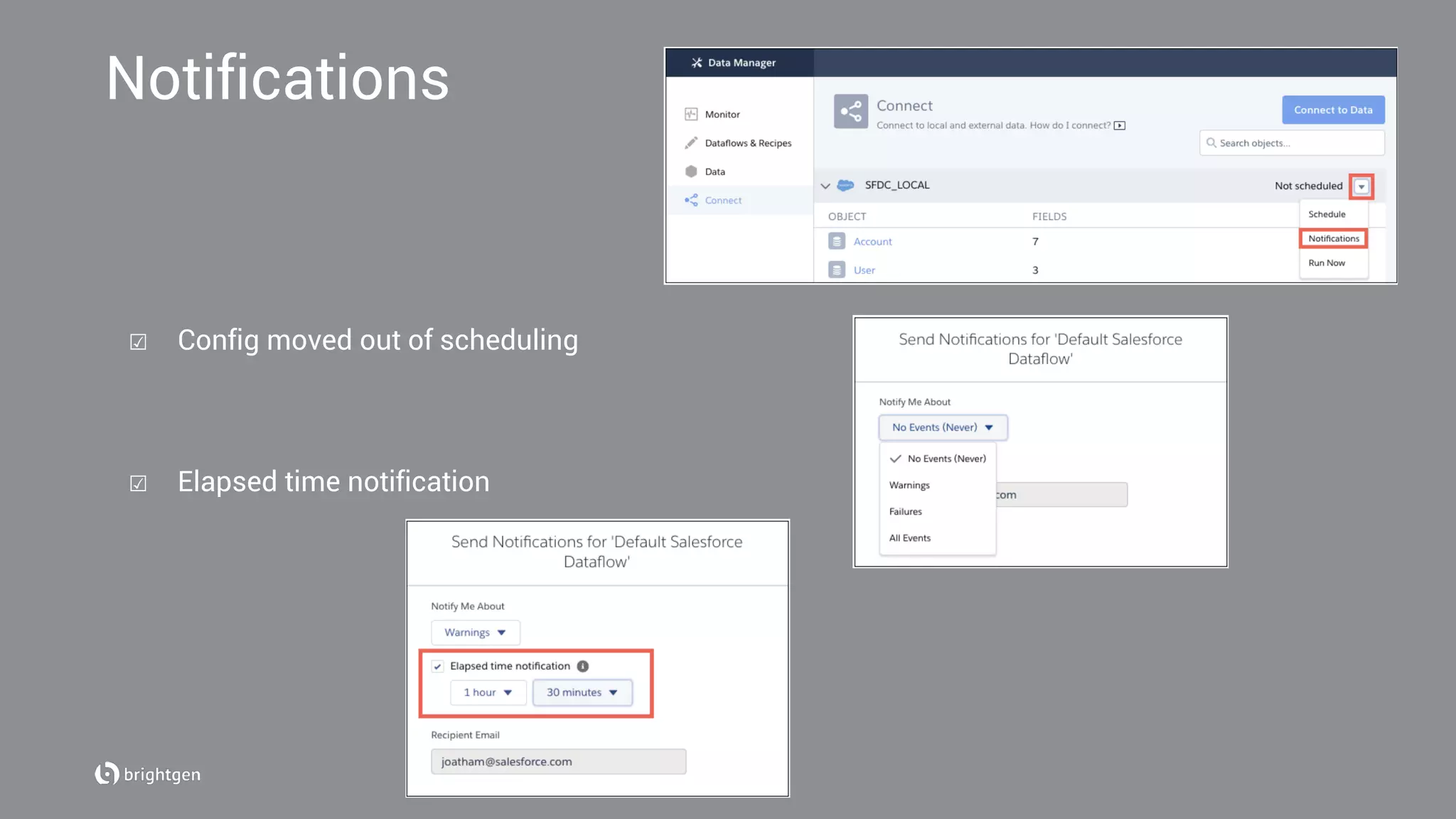 Notifications
☑  Config moved out of scheduling
☑  Elapsed time notification
 