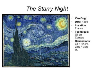 The Starry Night Van Gogh Date : 1889 Location : France Technique : Oil on Canvas Dimensions : 73 × 92 cm, 28¾ × 36¼ in. 