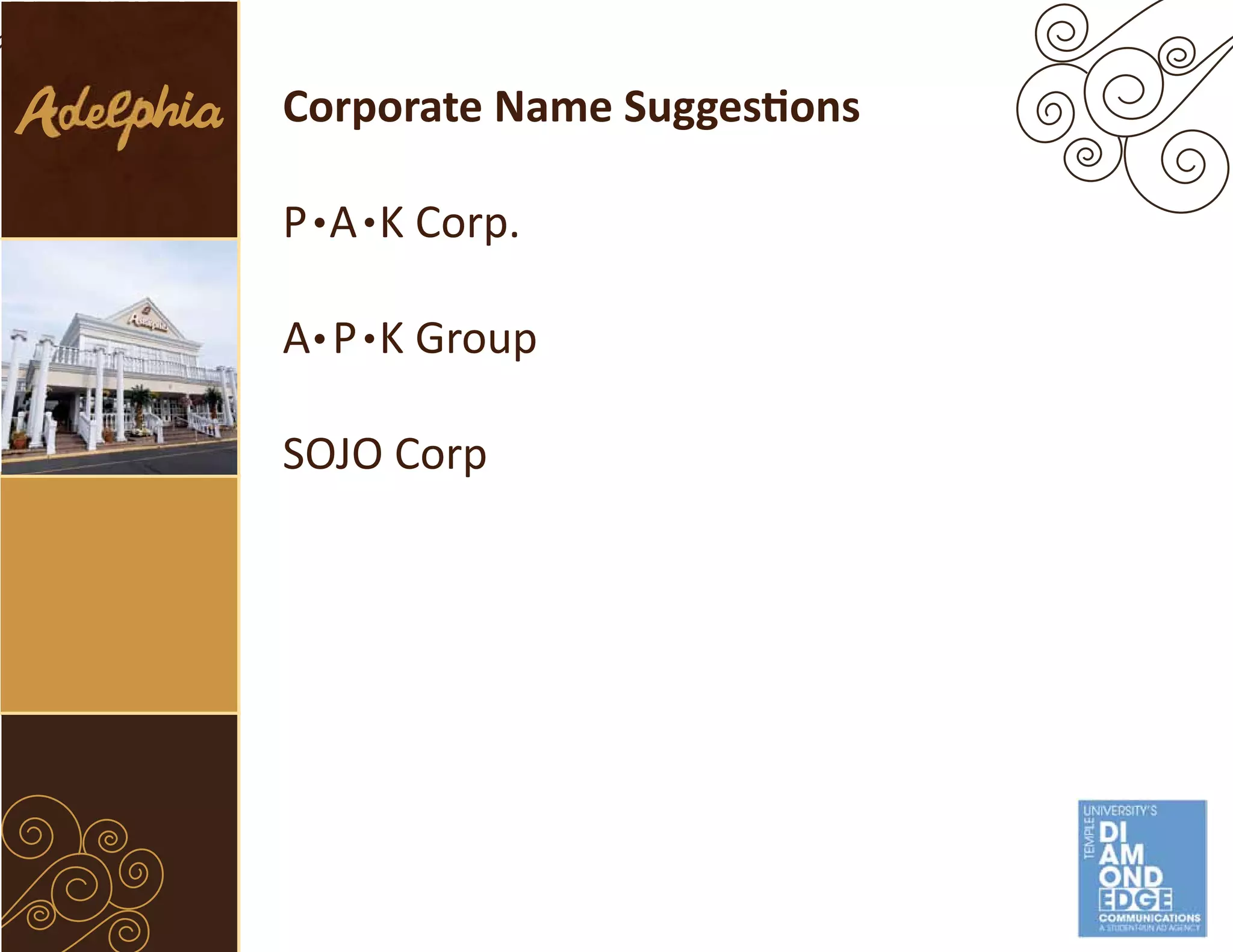 Corporate Name Suggestions

P A K Corp.

A P K Group

SOJO Corp
 