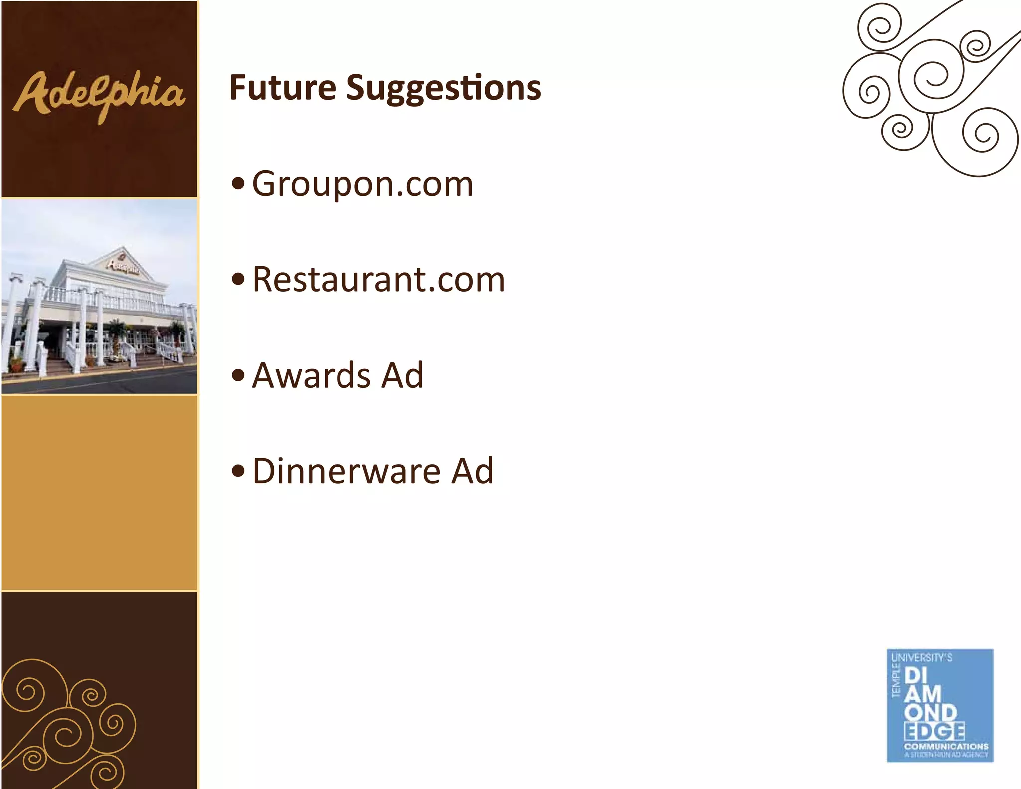 Future Suggestions

• Groupon.com

• Restaurant.com

• Awards Ad

• Dinnerware Ad
 