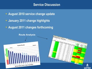 August 2010 service change update January 2011 change highlights August 2011 changes forthcoming Service Discussion Route Analysis 