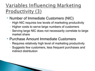    Number of Immediate Customers (NIC)
    ◦ High NIC requires low levels of marketing productivity
    ◦ Higher costs to serve large numbers of customers
    ◦ Serving large NIC does not necessarily correlate to large
      market share
   Purchase Amount Immediate Customers
    ◦ Requires relatively high level of marketing productivity
    ◦ Suggests few customers, less frequent purchases and
      indirect distribution
 