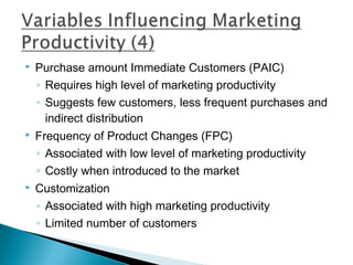    Purchase amount Immediate Customers (PAIC)
    ◦ Requires high level of marketing productivity
    ◦ Suggests few customers, less frequent purchases and
      indirect distribution
   Frequency of Product Changes (FPC)
    ◦ Associated with low level of marketing productivity
    ◦ Costly when introduced to the market
   Customization
    ◦ Associated with high marketing productivity
    ◦ Limited number of customers
 