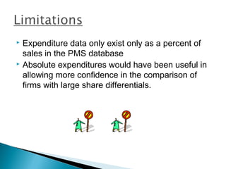  Expenditure data only exist only as a percent of
  sales in the PMS database
 Absolute expenditures would have been useful in

  allowing more confidence in the comparison of
  firms with large share differentials.
 