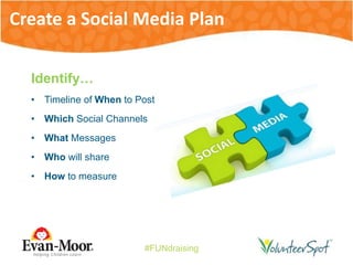 #FUNdraising
Identify…
• Timeline of When to Post
• Which Social Channels
• What Messages
• Who will share
• How to measure
Create a Social Media Plan
 