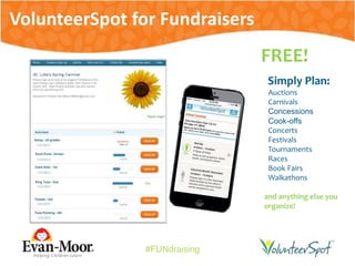 #FUNdraising
Simply Plan:
Auctions
Carnivals
Concessions
Cook-offs
Concerts
Festivals
Tournaments
Races
Book Fairs
Walkathons
and anything else you
organize!
FREE!
VolunteerSpot for Fundraisers
 