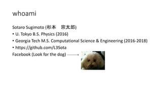 whoami
Sotaro Sugimoto (杉本 宗太郎)
• U. Tokyo B.S. Physics (2016)
• Georgia Tech M.S. Computational Science & Engineering (2016-2018)
• https://github.com/L3Sota
Facebook (Look for the dog)
 