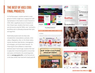 19creative media team, spring 2016
The Best of ASCJ 200:
Final projects
For the final project, students worked in small
groups to tackle a single issue, ranging from LGBT
representation in the media to a lack of women in
STEM. After a significant amount of research on
their chosen topic, students then had to curate
and vet sources using the "SMELL test," and build a
WordPress site to cohesively showcase their work
and argument.
Multimedia projects built into these sites
included photo manipulations, podcasts, remix
videos, infographics, Man-on-the-Street videos,
memes, BuzzFeed-style listicles, cinemagraphs,
ad campaigns, and social media channels. As
if learning all of the software to create these
elements wasn't hard enough, students then had
to apply their critical thinking skills to ensure that
each piece contributed to the overall argument.
With an average grade of A- on the final and a B+
in the class overall, their hard work clearly paid off.
 