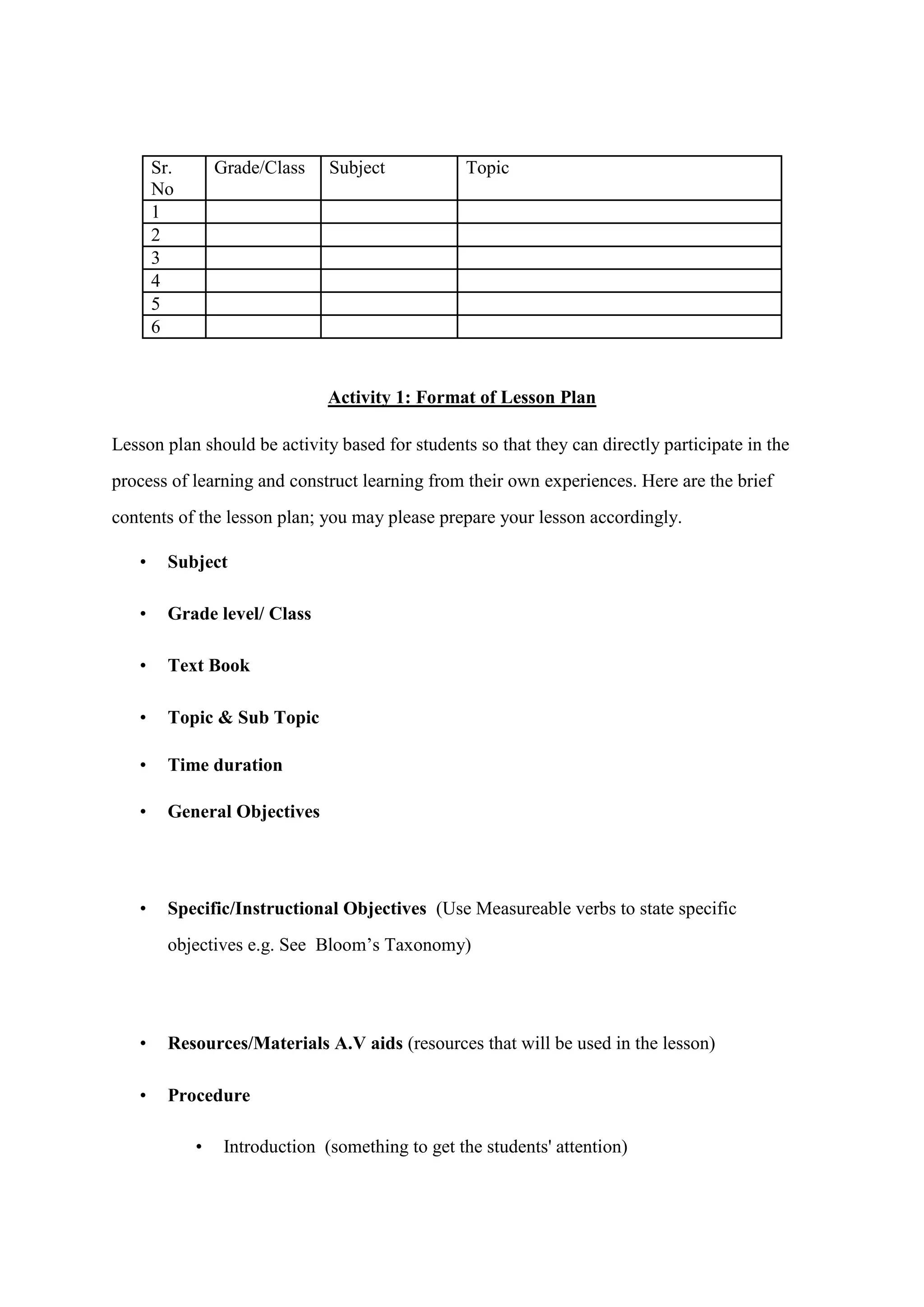Sr.
No
Grade/Class Subject Topic
1
2
3
4
5
6
Activity 1: Format of Lesson Plan
Lesson plan should be activity based for students so that they can directly participate in the
process of learning and construct learning from their own experiences. Here are the brief
contents of the lesson plan; you may please prepare your lesson accordingly.
• Subject
• Grade level/ Class
• Text Book
• Topic & Sub Topic
• Time duration
• General Objectives
• Specific/Instructional Objectives (Use Measureable verbs to state specific
objectives e.g. See Bloom’s Taxonomy)
• Resources/Materials A.V aids (resources that will be used in the lesson)
• Procedure
• Introduction (something to get the students' attention)
 