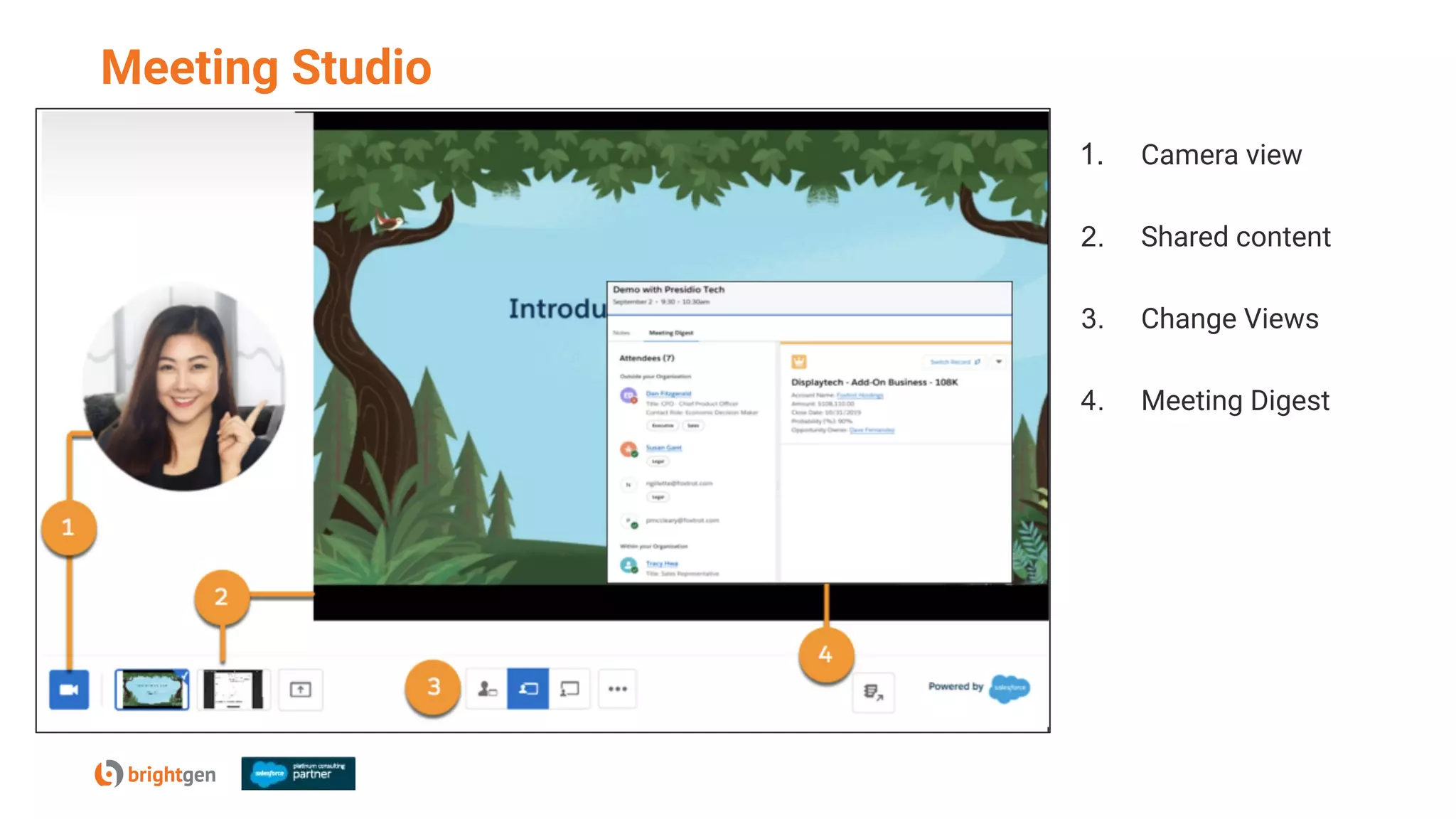 1. Camera view
2. Shared content
3. Change Views
4. Meeting Digest
Meeting Studio
 