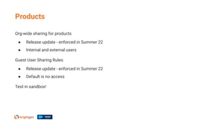 Org-wide sharing for products
● Release update - enforced in Summer 22
● Internal and external users
Guest User Sharing Rules
● Release update - enforced in Summer 22
● Default is no access
Test in sandbox!
Products
 