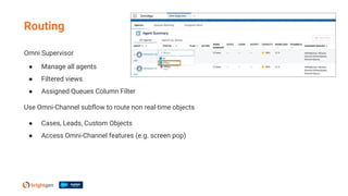 Omni Supervisor
● Manage all agents
● Filtered views
● Assigned Queues Column Filter
Use Omni-Channel subﬂow to route non real-time objects
● Cases, Leads, Custom Objects
● Access Omni-Channel features (e.g. screen pop)
Routing
 