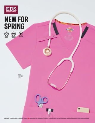 SPRING PRODUCT GUIDE | 2023
Indicates: * Fashion Color | † Available in 6XL | Style/color now available as Fashion | Fashion colors are not reorderable. All prints are fashion, unless otherwise noted.
F
NEW FOR
SPRING
4-WAY
STRETCH
STRONG &
DURABLE
EASY CARE
F
DK615
V-Neck Top
in Ultra Pink
(ULPK)
Indicates: * Fashion Color | † Available in 6XL | Style/color now available as Fashion | Fashion colors are not reorderable. All prints are fashion, unless otherwise noted.
 