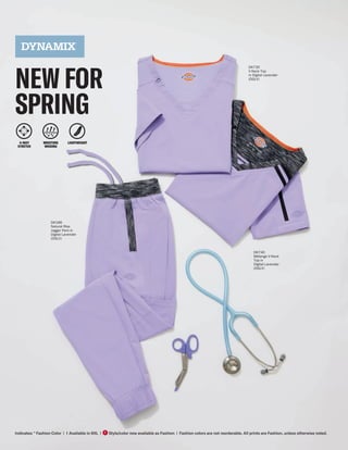 SPRING PRODUCT GUIDE | 2023
Indicates: * Fashion Color | † Available in 6XL | Style/color now available as Fashion | Fashion colors are not reorderable. All prints are Fashion, unless otherwise noted.
F
4-WAY
STRETCH
MOISTURE
WICKING
LIGHTWEIGHT
NEW FOR
SPRING
Indicates: * Fashion Color | † Available in 6XL | Style/color now available as Fashion | Fashion colors are not reorderable. All prints are Fashion, unless otherwise noted.
F
DK730
V-Neck Top
in Digital Lavender
(DGLV)
DK740
Mélange V-Neck
Top in
Digital Lavender
(DGLV)
DK186
Natural Rise
Jogger Pant in
Digital Lavender
(DGLV)
 