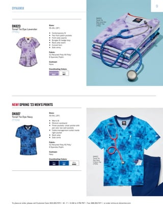 9
DYNAMIX
To place an order, please call Customer Care: 800.283.7272 | M – F | 6 AM to 4 PM PST | Fax: 888.283.7271 | or order online at cbicentral.com
NEW! SPRING '23 MEN'S PRINTS
9
DK607
Tonal Tie Dye Navy
(TTDN)
Sizes:
XS-5XL (29")
• Men's fit
• Rib-knit neckband
• Three pockets: chest pocket with
pen slot, two welt pockets
• Cable-management outlet inside
right pocket
• Back yoke
• Side vents
Fabric:
52 Recycled Poly/40 Poly/
8 Spandex Poplin
Contrast:
Navy
Coordinating Colors:
DK623
Tonal Tie Dye Lavender
(TTDL)
Sizes:
XS-3XL (26")
• Contemporary fit
• Two front patch pockets
• Front yoke seams
• Bungee ID badge loop
• Back yoke seam
• Curved hem
• Side vents
Fabric:
52 Recycled Poly/40 Poly/
8 Spandex Poplin
Contrast:
None
Coordinating Colors:
Digital Lavender
DGLV*
White
WHT
DK607
Tonal Tie
Dye Navy
V-Neck Top
(TTDN)
DK623
Tonal Tie
Dye Lavender
V-Neck Top
(TTDL)
Navy
NAV
Royal
ROY
White
WHWZ
 