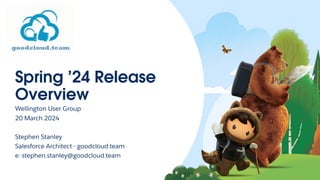 Spring ’24 Release
Overview
Wellington User Group
20 March 2024
Stephen Stanley
Salesforce Architect - goodcloud.team
e: stephen.stanley@goodcloud.team
 