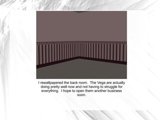 I rewallpapered the back room.  The Vega are actually doing pretty well now and not having to struggle for everything.  I hope to open them another business soon. 