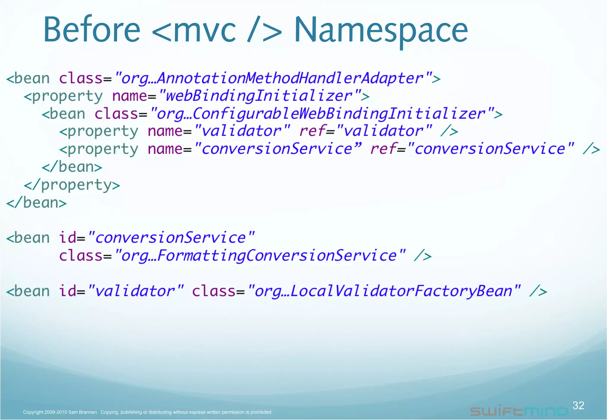Before <mvc /> Namespace
32Copyright 2009-2010 Sam Brannen. Copying, publishing or distributing without express written permission is prohibited.
 
