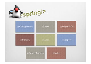 @Configuration       @Bean            @DependsOn




  @Primary           @Lazy             @Import




        @ImportResource      @Value
 