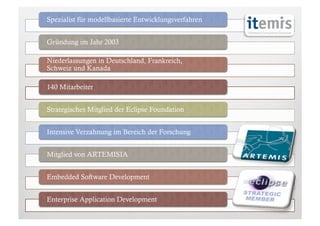 Spezialist für modellbasierte Entwicklungsverfahren


Gründung im Jahr 2003

Niederlassungen in Deutschland, Frankreich,
Schweiz und Kanada

140 Mitarbeiter


Strategisches Mitglied der Eclipse Foundation


Intensive Verzahnung im Bereich der Forschung


Mitglied von ARTEMISIA


Embedded Software Development


Enterprise Application Development
 