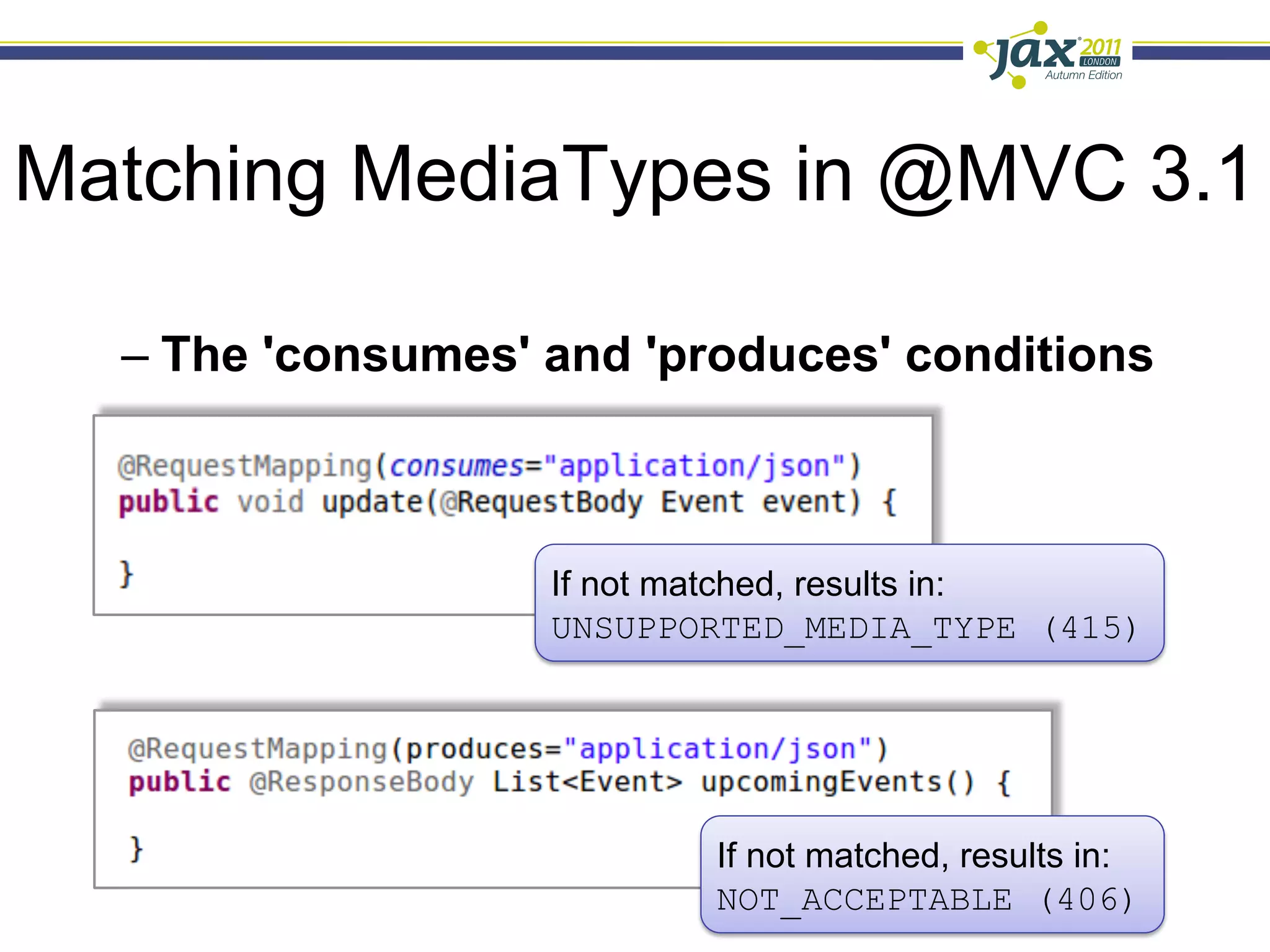 Matching MediaTypes in @MVC 3.1

  –  The 'consumes' and 'produces' conditions



                   If not matched, results in:
                   UNSUPPORTED_MEDIA_TYPE (415)




                          If not matched, results in:
                          NOT_ACCEPTABLE (406)
 