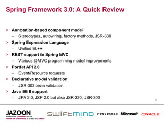 Spring Framework 3.0: A Quick Review


>  Annotation-based component model
   –  Stereotypes, autowiring, factory methods, JSR-330
>  Spring Expression Language
   –  Unified EL++
>  REST support in Spring MVC
   –  Various @MVC programming model improvements
>  Portlet API 2.0
   –  Event/Resource requests
>  Declarative model validation
   –  JSR-303 bean validation
>  Java EE 6 support
   –  JPA 2.0, JSF 2.0 but also JSR-330, JSR-303          5
 