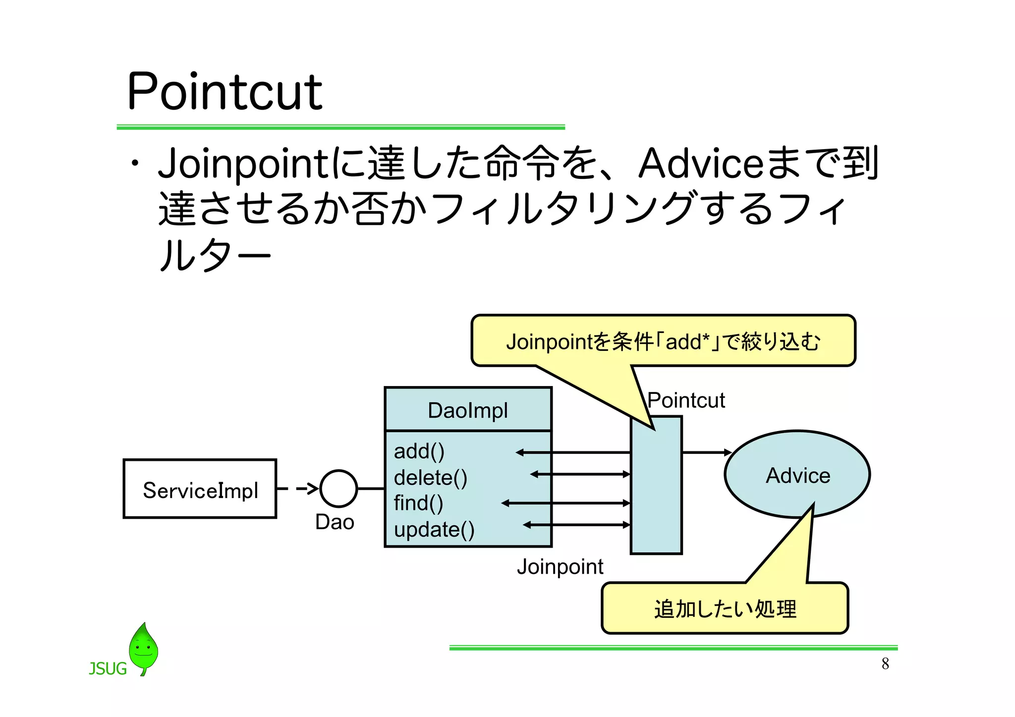 Pointcut
•  Joinpointに達した命令を、Adviceまで到
   達させるか否かフィルタリングするフィ
   ルター

                                 Joinpointを条件「add*」で絞り込む	


                         DaoImpl               Pointcut

                      add()
                      delete()                            Advice
ServiceImpl	
         find()
                Dao   update()
                                   Joinpoint
                                               追加したい処理	

                                                                   8
 