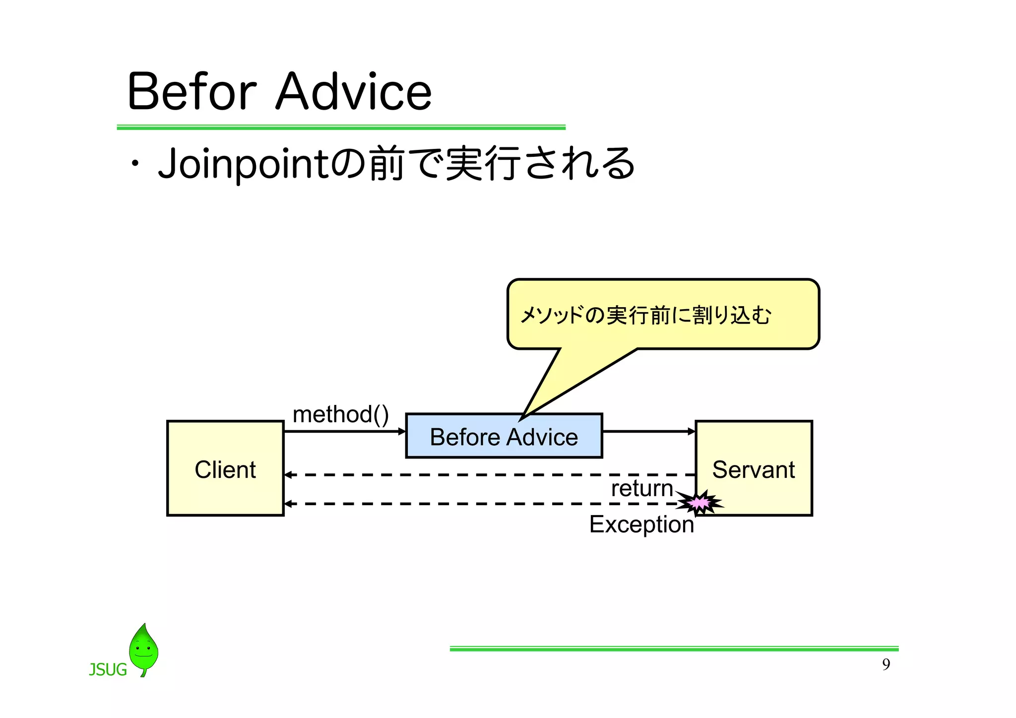 Befor Advice
•  Joinpointの前で実行される


                             メソッドの実行前に割り込む	



           method()
                      Before Advice
  Client                                          Servant
                                       return
                                      Exception




                                                            9
 