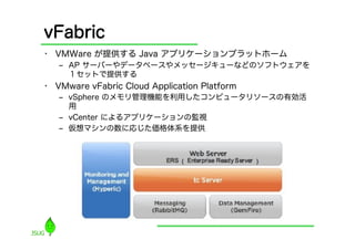vFabric
•  VMWare が提供する Java アプリケーションプラットホーム
   ‒  AP サーバーやデータベースやメッセージキューなどのソフトウェアを
      １セットで提供する
•  VMware vFabric Cloud Application Platform
   ‒  vSphere のメモリ管理機能を利用したコンピュータリソースの有効活
      用
   ‒  vCenter によるアプリケーションの監視
   ‒  仮想マシンの数に応じた価格体系を提供
 