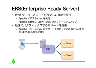 ERS(Enterprise Ready Server)
•  Web サーバーとロードバランスの機能を提供
 ‒  Apache HTTP Server を使用
 ‒  Apache と比較して最大 100% のパフォーマンスアップ
•  迅速にバグフィックスするサポートを提供
 ‒  Apache HTTP Server のサポートを提供していた Covalent 社
    を SpringSource が買収




                                tc Server	

                    ERS	

                                tc Server	
 