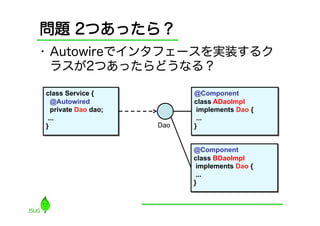 問題 2つあったら？
•  Autowireでインタフェースを実装するク
   ラスが2つあったらどうなる？

class Service {            @Component
  @Autowired               class ADaoImpl
  private Dao dao;          implements Dao {
 ...                        ...
}                    Dao   }


                           @Component
                           class BDaoImpl
                            implements Dao {
                            ...
                           }
 