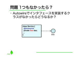 問題 1つもなかったら？
•  Autowireでインタフェースを実装するク
   ラスがなかったらどうなるか？

     class Service {
       @Autowired
       private Dao dao;
      ...
     }                    Dao
 