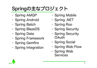 Springの主なプロジェクト
•    Spring   AMQP          •  Spring Mobile
•    Spring   Android       •  Spring .NET
•    Spring   Batch         •  Spring Roo
•    Spring   BlazeDS       •  Spring Security
•    Spring   Data          •  Spring Security
•    Spring   Framework        OAuth
•    Spring   Gemﬁre        •  Spring Social
•    Spring   Integration   •  Spring Web Flow
                            •  Spring Web
                               Services

                                                 6
 