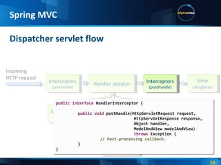 Dispatcher servlet flow Spring MVC Interceptors (preHandle) Incoming HTTP request Simple controller adapter Annotation-based adapter Another servlet adapter Handler adapter View renderer Exception handler public   interface  HandlerInterceptor { public void  postHandle(HttpServletRequest request,   HttpServletResponse response,   Object handler,   ModelAndView modelAndView )   throws  Exception { // Post-processing callback. } } Interceptors (postHandle) 