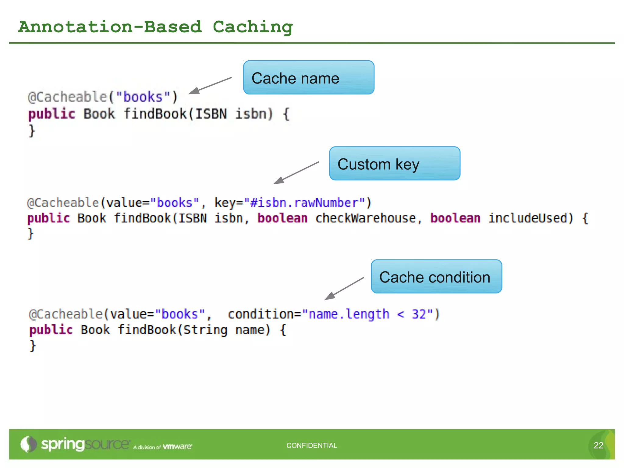 Annotation-Based Caching

                    Cache name




                                  Custom key




                                       Cache condition




                       CONFIDENTIAL                      22
 