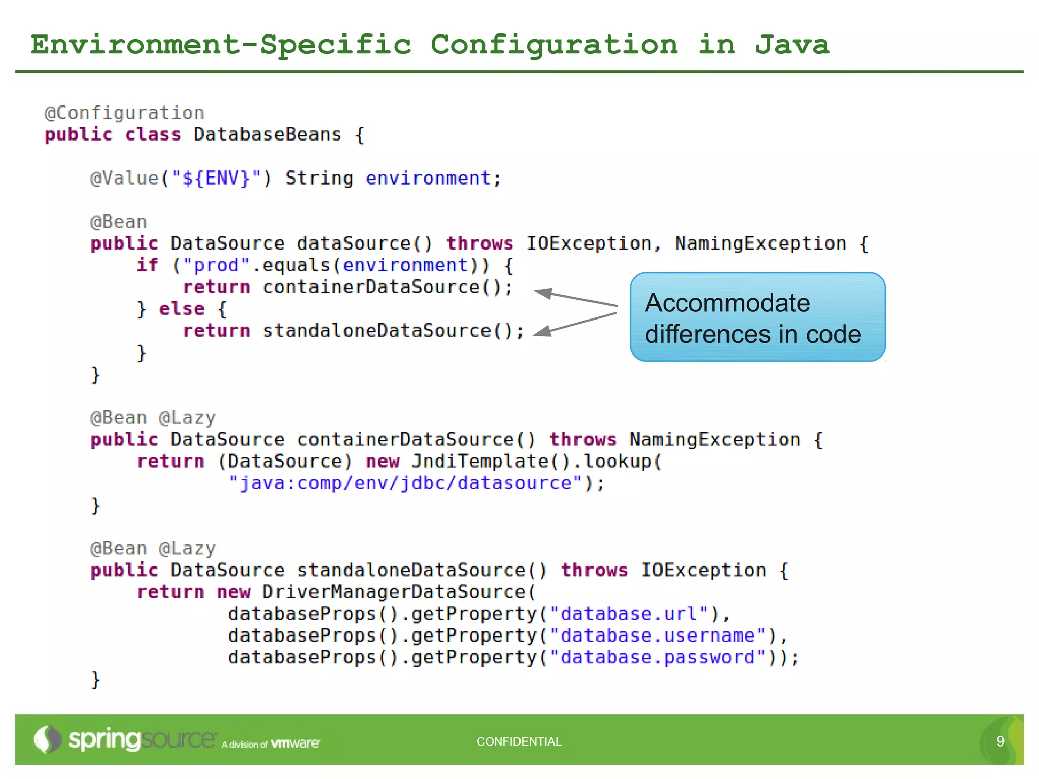 Environment-Specific Configuration in Java




                                      Accommodate
                                      differences in code




                       CONFIDENTIAL                         9
 