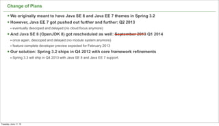 Change of Plans
§ We originally meant to have Java SE 8 and Java EE 7 themes in Spring 3.2
§ However, Java EE 7 got pushed out further and further: Q2 2013
• eventually descoped and delayed (no cloud focus anymore)
§ And Java SE 8 (OpenJDK 8) got rescheduled as well: September 2013 Q1 2014
• once again, descoped and delayed (no module system anymore)
• feature-complete developer preview expected for February 2013
§ Our solution: Spring 3.2 ships in Q4 2012 with core framework refinements
• Spring 3.3 will ship in Q4 2013 with Java SE 8 and Java EE 7 support.
26
Tuesday, June 11, 13
 