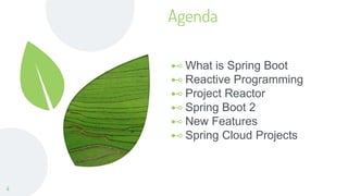 Agenda
⊷ What is Spring Boot
⊷ Reactive Programming
⊷ Project Reactor
⊷ Spring Boot 2
⊷ New Features
⊷ Spring Cloud Projects
4
 