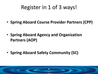 Spring Aboard Safety Community
Partner (SC)
 