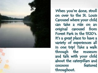 When you’re done, stroll
on over to the St. Louis
Carousel where your child
can take a ride on an
original carousel from
Forest Park in the 1920′s.
It’s a great place to have a
variety of experiences all
in one trip! Take a walk
through the museum
and talk with your child
about the caterpillars and
cocoons featured
throughout.
 